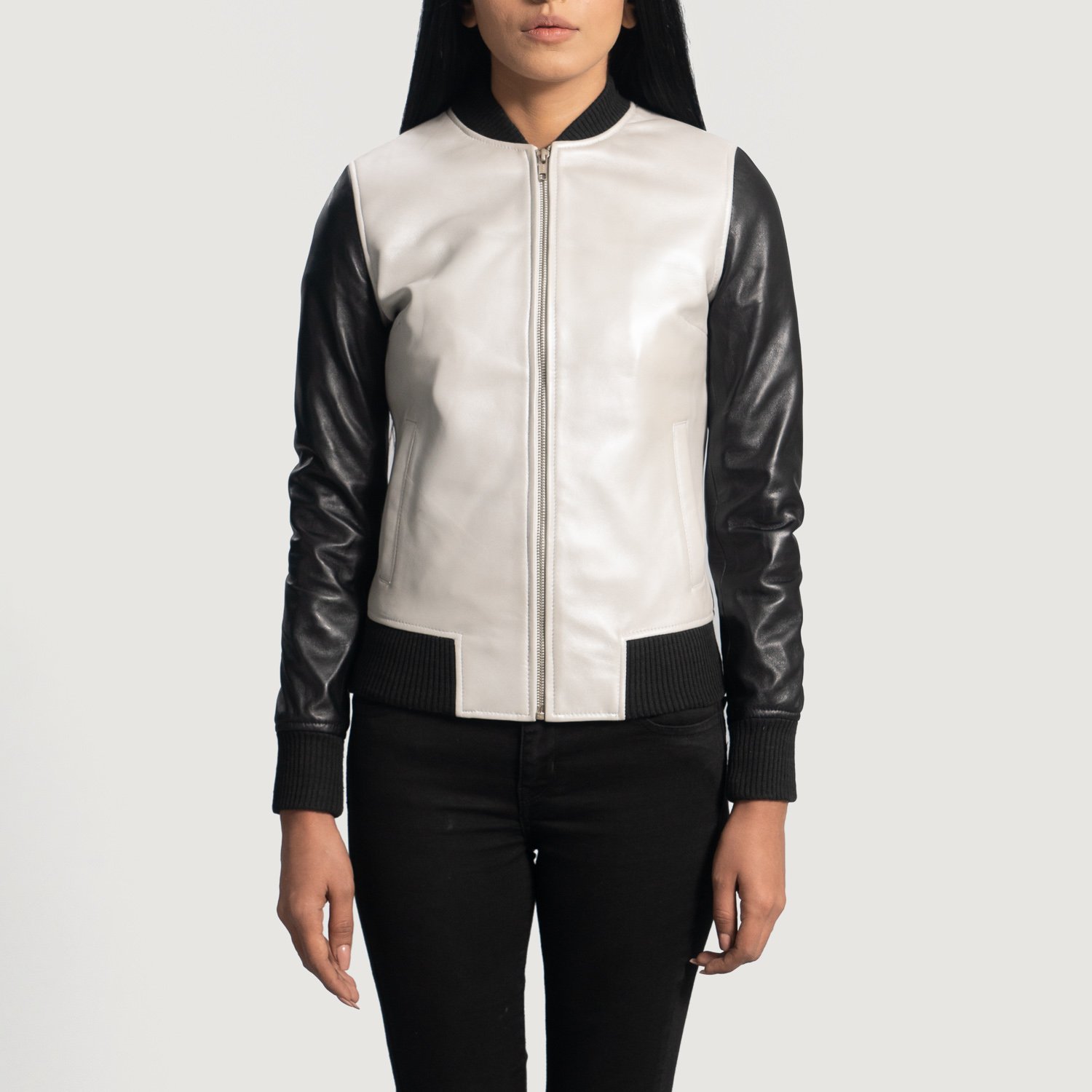 WomensColeSilverLeatherBomberJacketCloseFront-5-1664354308181.jpg Cole Silver Leather Bomber Jacket - Image 1